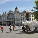 Grote witte neushoorn voor het station van de stad
